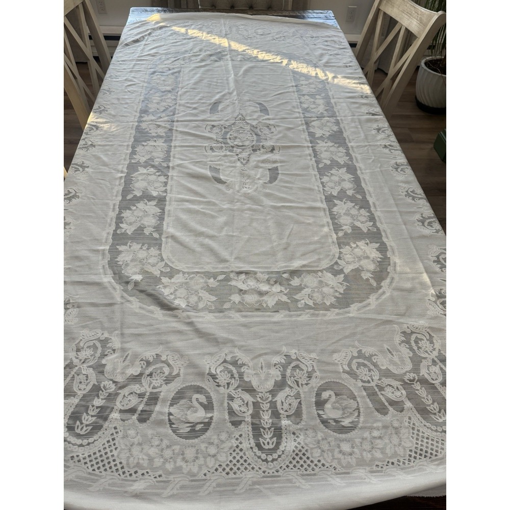 Vintage Long Tablecloth Swan & Floral Motif Rounded Ends tablescape dinner party